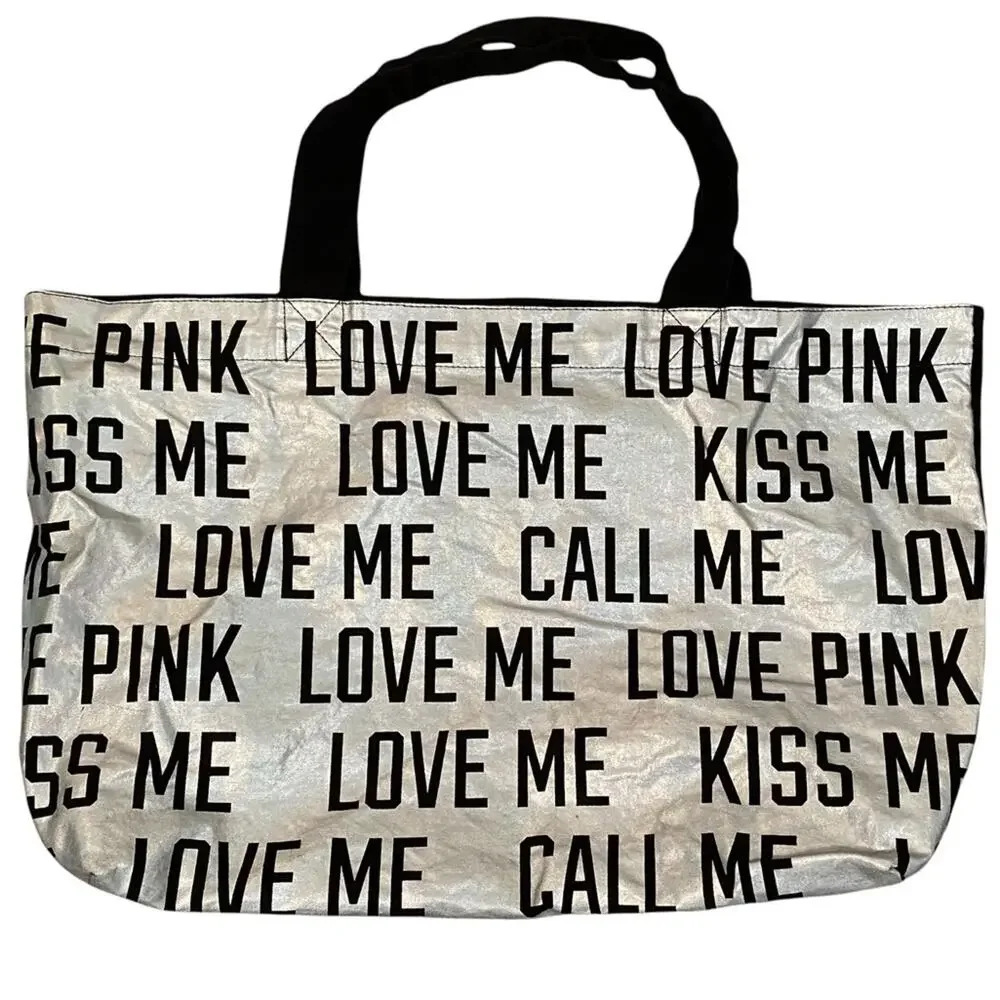 Victoria's Secret PINK Bag Love Kiss Call Me Silver Bling Tote Bag EUC